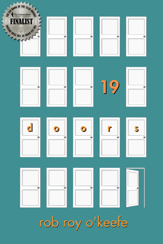 Book cover for Rob Roy O’Keefe’s 19 Doors, featuring rows of white doors on a teal background.