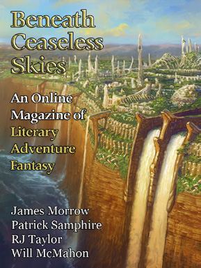 Cover of Beneath Ceaseless Skies, an online literary adventure fantasy magazine, showing a fantasy city beside a towering waterfall.