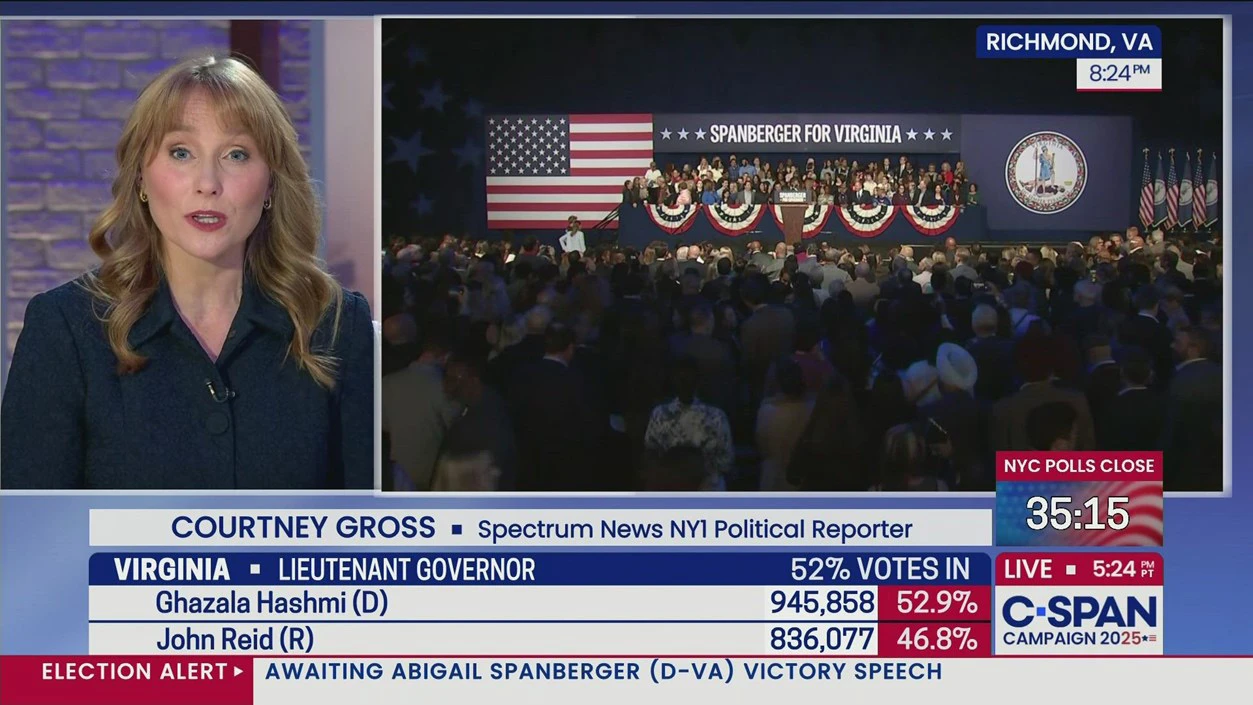 C-SPAN election coverage with reporter Courtney Gross beside footage of an Abigail Spanberger victory event in Richmond, Virginia.
