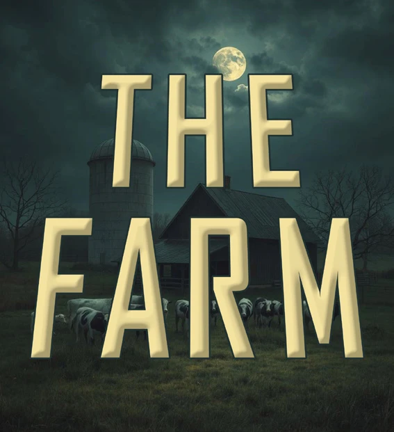 Poster for The Farm, showing cattle near a barn and silo beneath a full moon and stormy sky.