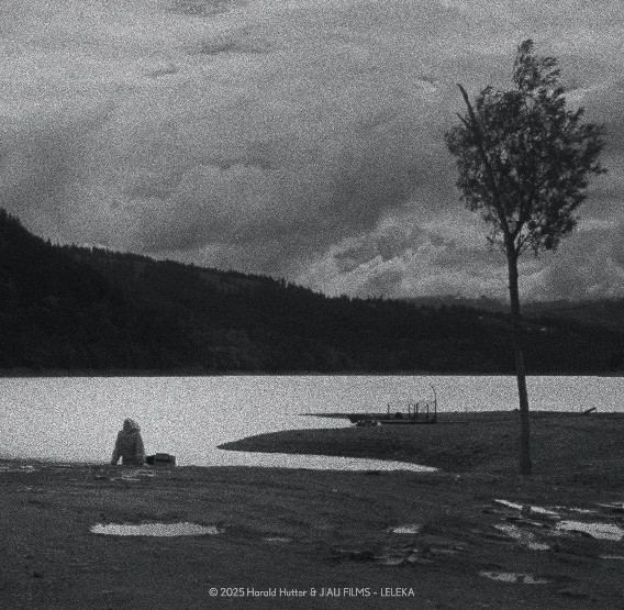 Grainy black-and-white film still of a solitary person beside a lake, with a lone tree and hills beneath a cloudy sky.
