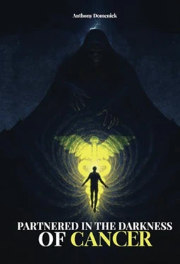 Book cover for Anthony Domenick’s Partnered in the Darkness of Cancer, showing a silhouetted figure walking toward light beneath a looming dark form.