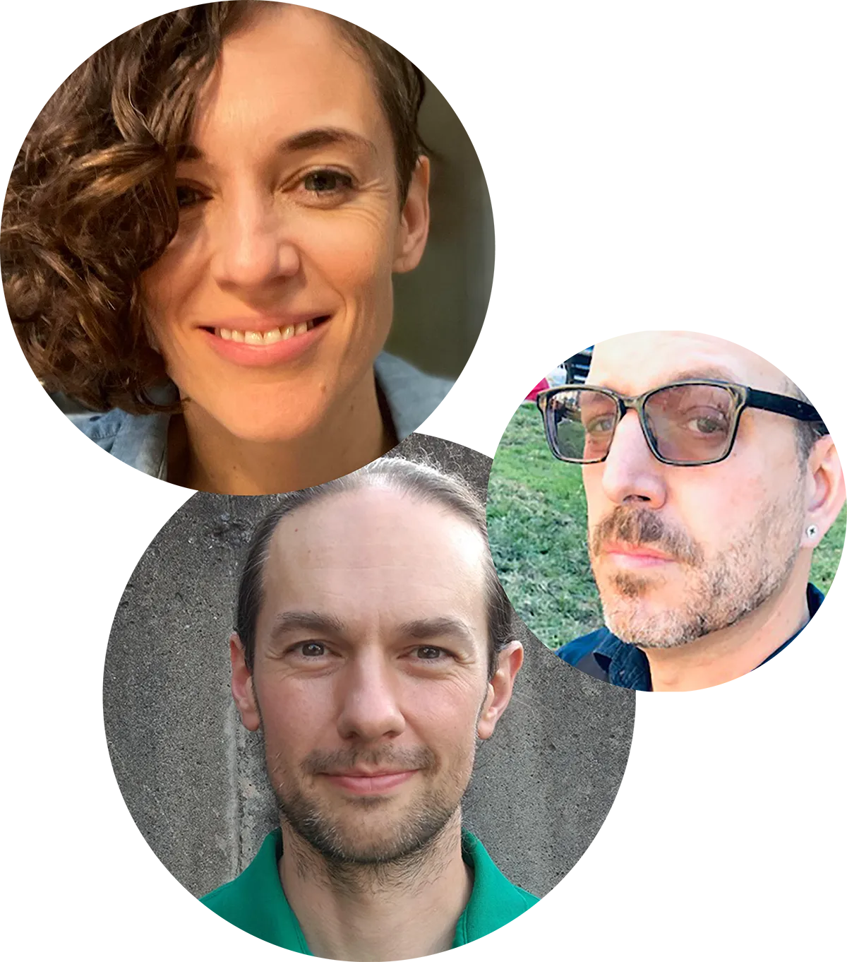 Collage of three circular headshots featuring a woman with curly brown hair, a man wearing glasses, and a man in a green shirt.