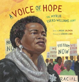Illustrated cover of A Voice of Hope: The Myrlie Evers-Williams Story, showing Evers-Williams speaking before civil rights demonstrators.