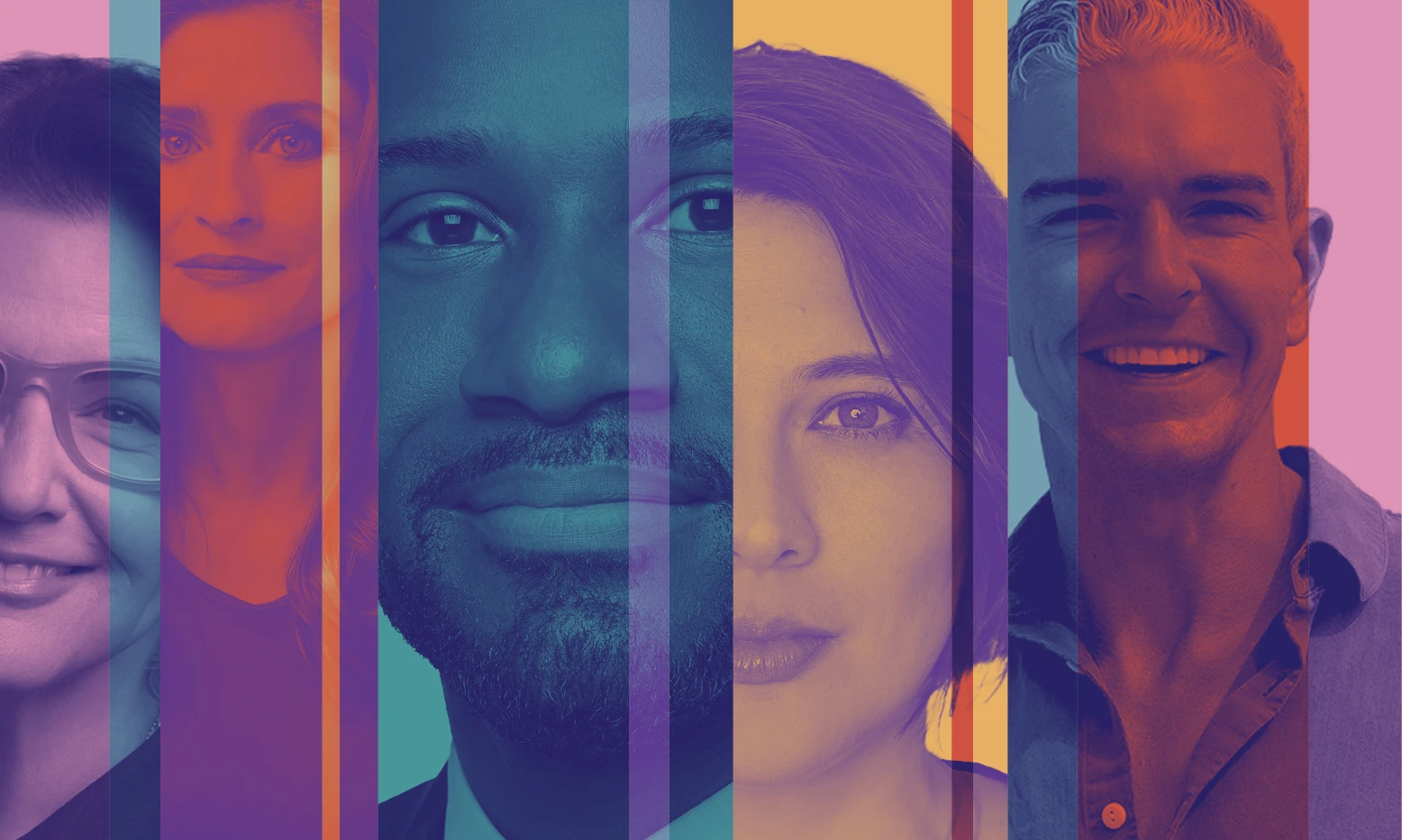 Colorful collage combining close-up portraits of five people in overlapping vertical bands.